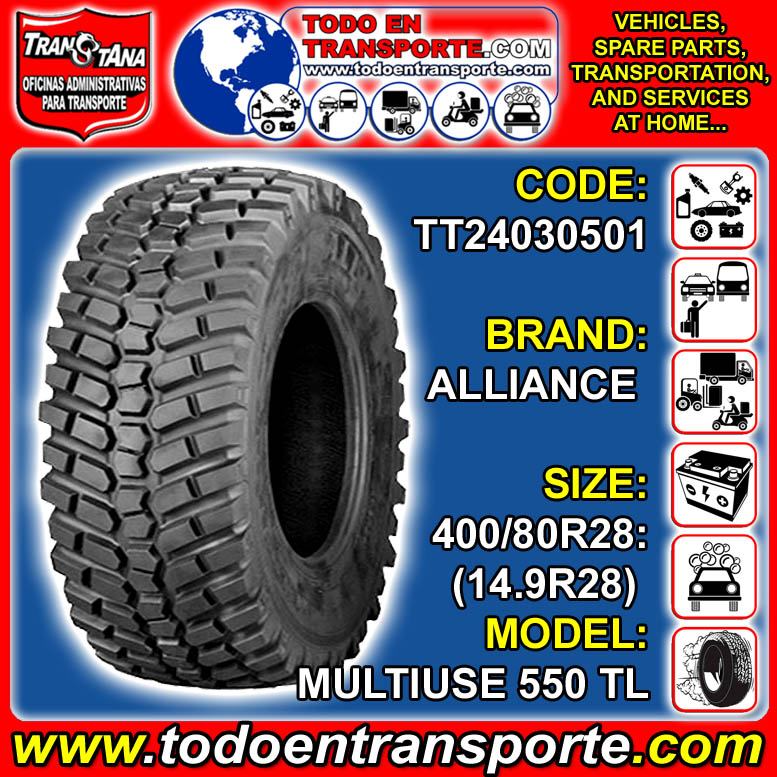 Lee el articulo completo LLANTA RADIAL PARA VEHICULO ELEVATOR MARCA ALLIANCE MEDIDA 400/80R28: (14.9R28) MODELO MULTIUSE 550 TL